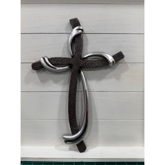 Faux Metal Wall Cross 13x9 Inch Christian Decor Brown Silver Farmhouse Style - Picture 12 of 13